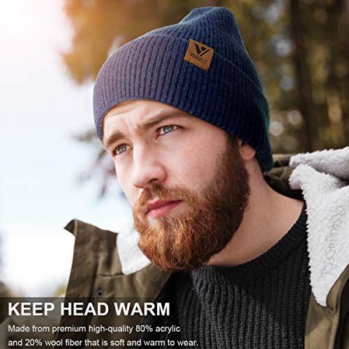 Vgogfly Beanie Men Slouchy Knit Skull Cap Warm Stocking Hats Guys Women Striped Winter Beanie Hat Cuffed Plain Hat - color: Navy
