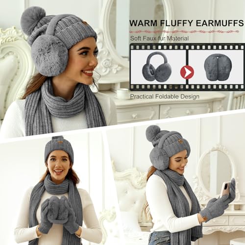 HEEKPEK Winter Beanie Hats Scarf Gloves Ear Muffs Fuzzy Socks 5pcs Set for Women Cold Weather Beanies Touch Screen Gloves - color: Dark Grey