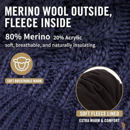 ChicPony™ Merino Wool Visor Ponytail Beanie with Brim Fleece Lined 3 Bun Openings Hole Warm Windproof Knit Cap Winter Hat - color: Midnight Blue(pony)