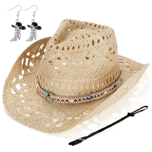 Straw Cowboy Hat for Women, Western Cowgirl Hats with Boot Earrings, Brim Summer Beach Hat - color: Beige