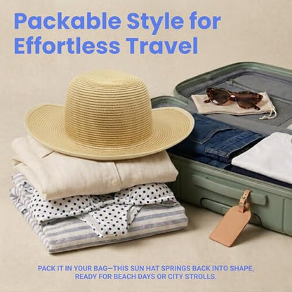 Funky Junque Wide Brim Panama Sun Hat, Womens Packable Straw - color: Split Back Ponytail - Beige Mix