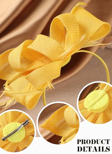 Zinniday Victoria Tea Party Hat - 2025 Bow Derby Attire Hats with Hairpin,1920s 50s Feather Fascinators for Women - color: Yellow