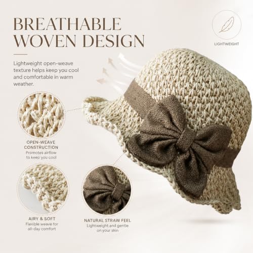 Elegant Woven Straw Sun Hat with Bow, Summer Beach Sun Straw Hats for Women, Foldable Wide Brim Floppy Beach - color: Pink