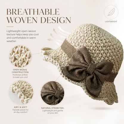 Elegant Woven Straw Sun Hat with Bow, Summer Beach Sun Straw Hats for Women, Foldable Wide Brim Floppy Beach - color: Pink