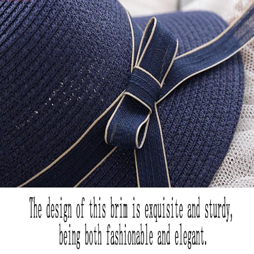 Summer Little Girl Kids Breathable Straw Hat Foldable UV Protection Bowknot Wide Brim Floppy Beach Sun Visor Hats - color: Navy
