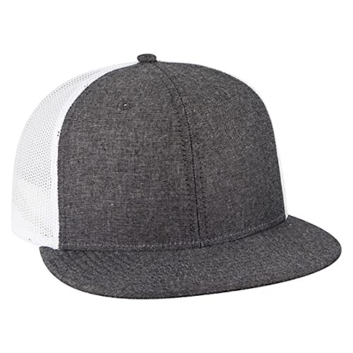 Ashen Fane 6 Panel Mid Profile Mesh Back Structured Trucker Adjustable Snapback Hat - color: Chambray Black/White