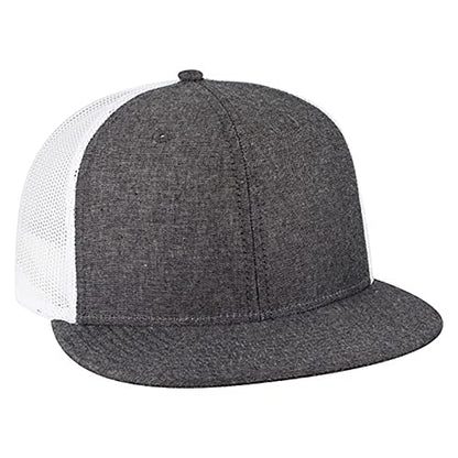 Ashen Fane 6 Panel Mid Profile Mesh Back Structured Trucker Adjustable Snapback Hat - color: Chambray Black/White