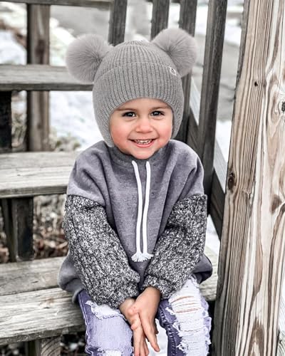 FURTALK Baby Winter Hat Pom Pom Beanie with Fleece Lined Toddler Warm Cap - color: Black+gray, size: 0-6 Months