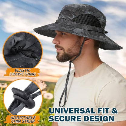 Wide Brim Sun Bucket Hat, Waterproof Boonie Hat for Men & Women - color: 05 Grey (Camo)