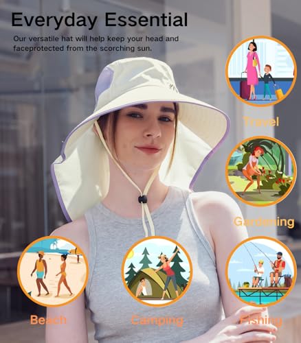 UV Sun Protection Hat Women Foldable Neck Flap Wide Brim Fishing Hat with Ponytail Hole for Women - color: Off-white