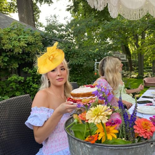 AQOKKA Women Fascinators Hats Flower Mesh Feathers Headband Clip - color: 1 Pc Feather Fascinators : Yellow