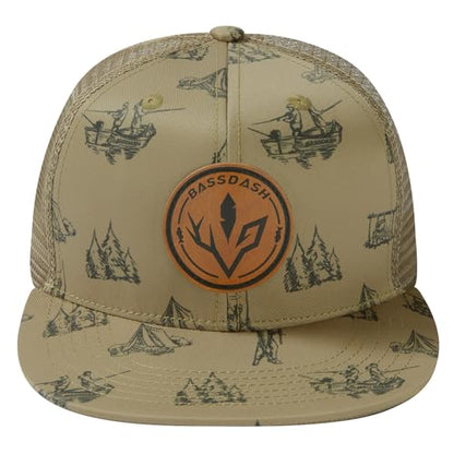 BASSDASH Flat Brim Trucker Cap Adjustable Snapback Hat Mesh Back for Men Women - color: Khaki Camping