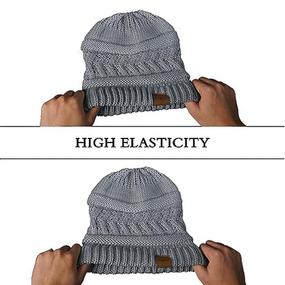Rosoz 2 Pack Ponytail Beanie for Women,Winter Warm Beanie Tail Soft Stretch Cable Knit Messy High Bun Hat - color: 2pack-beige/Light Grey