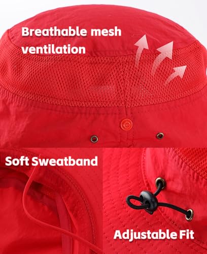 Connectyle UPF 50+ Wide Brim Sun Hat for Men Breathable Cowboy Boonie Hats Outdoor Bucket Hat for Fishing Hiking Safari - color: Red