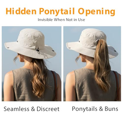 Wide Brim Waterproof Bucket Rain Hat for Women Men UPF50+ Cowboy Sun Hat - color: Off-white