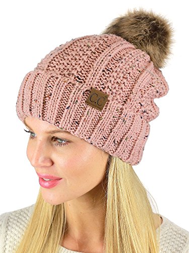 C.C Thick Cable Knit Faux Fuzzy Fur Pom Fleece Lined Skull Cap Cuff Beanie - color: Confetti Indi Pink