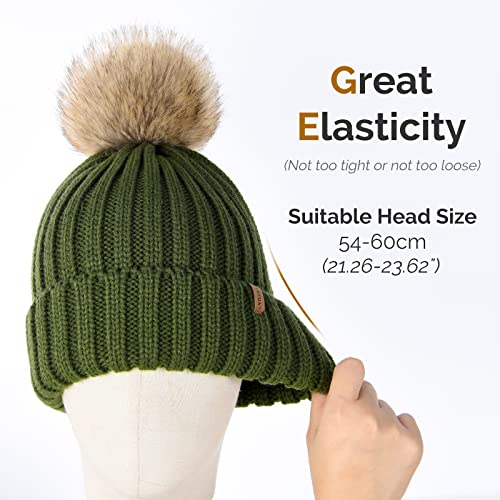 FURTALK Womens Winter Knitted Beanie Hat with Faux Fur Pom Warm Knit Skull Cap Beanie for Women - color: Pine Green