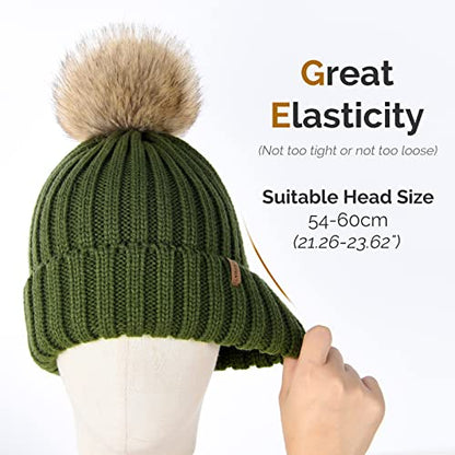 FURTALK Womens Winter Knitted Beanie Hat with Faux Fur Pom Warm Knit Skull Cap Beanie for Women - color: Pine Green