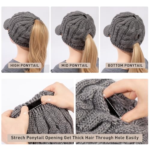 ChicPony™ Merino Wool Visor Ponytail Beanie with Brim Fleece Lined 3 Bun Openings Hole Warm Windproof Knit Cap Winter Hat - color: Urban Grey(pony)