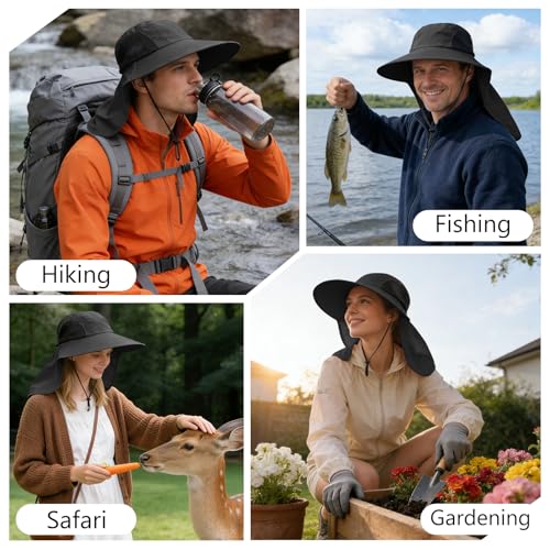 Sun Hat for Men Women with Neck Flap,UPF 50+ UV Protection Fishing Hat - color: 1pack-black