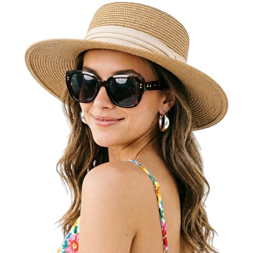 DRESHOW Women Straw Panama Hat Travel Fedora Beach Sun Hat Summer Wide Brim Straw Roll up Hats UPF 50+ - color: 1 Pack Boater Hat: Khaki With Beige Band