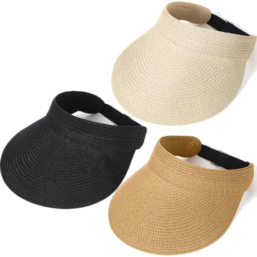 3 Pack Women Straw Sun Visor Hats, Wide Brim UV UPF 50+ Protection Beach Visor, Packable Adjustable Summer Hats for Traveling - color: Khaki+beige+black