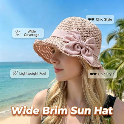 Versatile Retro Woven Handmade Straw Hat with Ruffled Bow for Women Elegant Crochet Straw Foldable Breathable Sun Hat - color: Pink