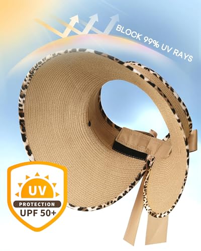 Camptrace Women's Straw Sun Visor Hat UPF Wide Shade Ponytail Summer Hat - color: Leopard Print
