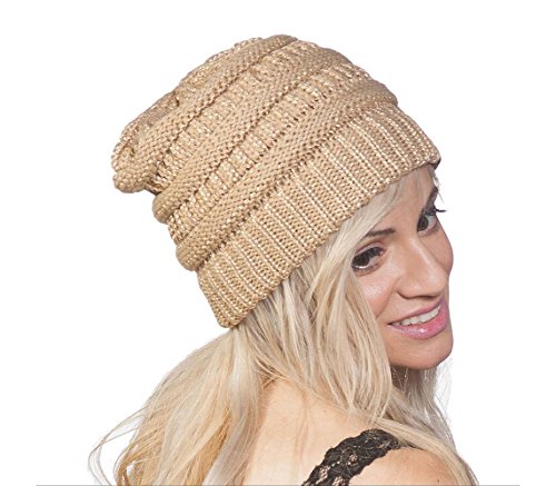C.C Trendy Warm Chunky Soft Stretch Cable Knit Beanie Skully - color: Metallic Gold