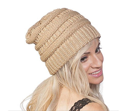 C.C Trendy Warm Chunky Soft Stretch Cable Knit Beanie Skully - color: Metallic Gold