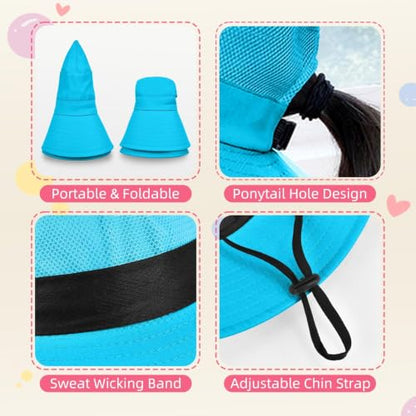 ZOORON Kids Girls Ponytail Sun Hat UPF 50+ Breathable Mesh Water-Resistant - color: Solid Blue