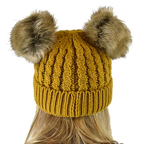 C.C 2 Ear Pom Pom Cable Knit Soft Stretch Cuff Skully Beanie Hat - color: Faux Fur Mustard