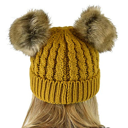 C.C 2 Ear Pom Pom Cable Knit Soft Stretch Cuff Skully Beanie Hat - color: Faux Fur Mustard