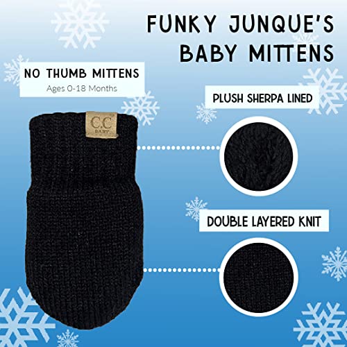 Funky Junque Baby Double Faux Fur Pom Pom Beanie & Mittens Set – Newborn Infant 0–9 Months Winter Hat with Soft Lined Mittens - color: Black (0-9 Months)
