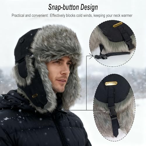Trapper Hat for Men Women Faux Fur Aviator Russian Ushanka Hat Winter Hunting Hats with Ear Flaps Fur Tropper Bomber Ski Hats - color: Black-qingzilan, size: Small-Medium