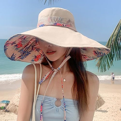 6" Extra Wide Brim Sun Hats UPF 50+ UV Protection Packable Beach Hat Strap Women - color: Beige