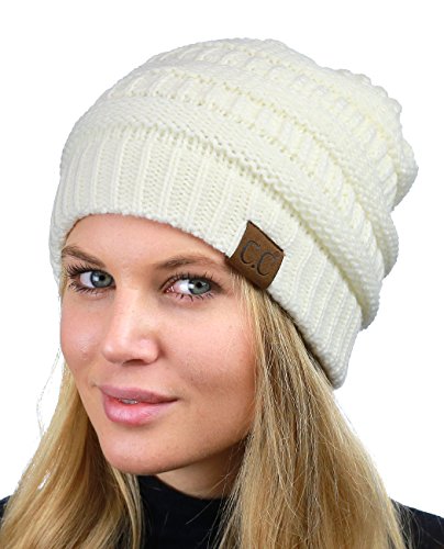 C.C Unisex Chunky Soft Stretch Cable Knit Warm Fuzzy Lined Skully Beanie - color: Ivory