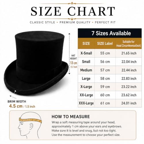 Wool Top Hat for Men Women Topper Hat Mens Tall Tophat Christmas Costume - color: Black, size: X-Large