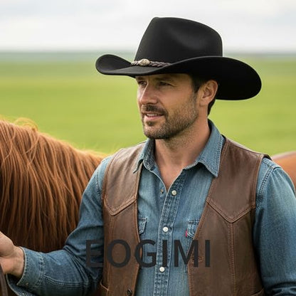 Men & Women Classic Wide Brim Western Cowboy Cowgirl Hat - color: Knit Bull/Black