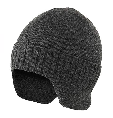 Home Prefer Mens Winter Hat Knit Earflap Hat Stocking Caps with Ears Beanie Hat - color: Dark Heather Grey