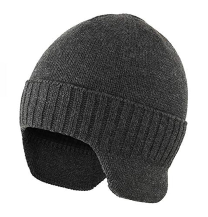 Home Prefer Mens Winter Hat Knit Earflap Hat Stocking Caps with Ears Beanie Hat - color: Dark Heather Grey