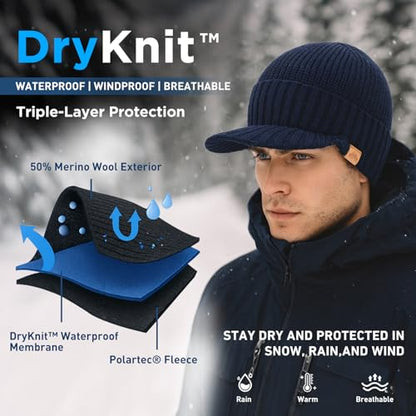 TOP-EX DryKnit™ 50% Merino Wool Waterproof Winter Beanie Hat with Brim - color: Black, size: Medium-Large