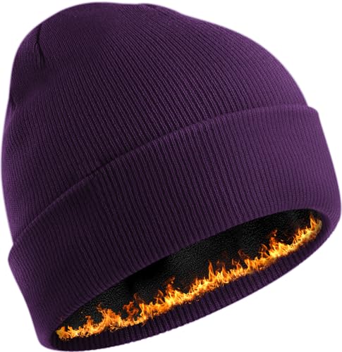 Fleece Lined Beanie for Men Women Knit Thick Warm Winter Beanies Hat - color: Purple