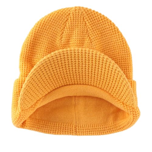 Home Prefer Mens Wool Blend Winter Hat Double-Layer Warm Knit Pre-Curve Visor Beanie Brimmed Beanies Hat for Men Women - color: Yellow
