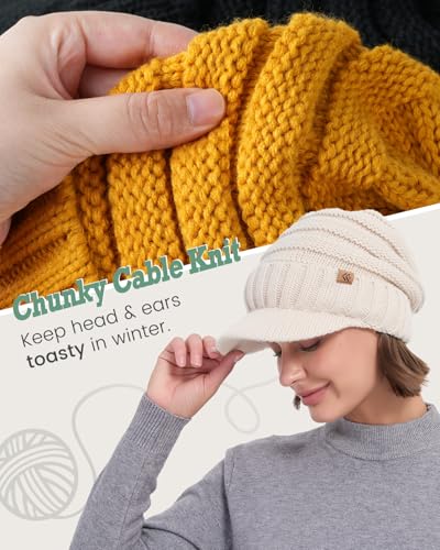 Women Men Winter Beanie Hat with Visor, Warm Fleece Lined Beanie Cap, Thick Knit Cap Slouchy Hat with Brim - color: Mustard
