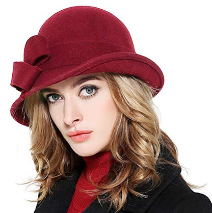 Bellady Women Solid Color Winter Hat 100% Wool Cloche Bucket with Bow Accent - color: Dark Red