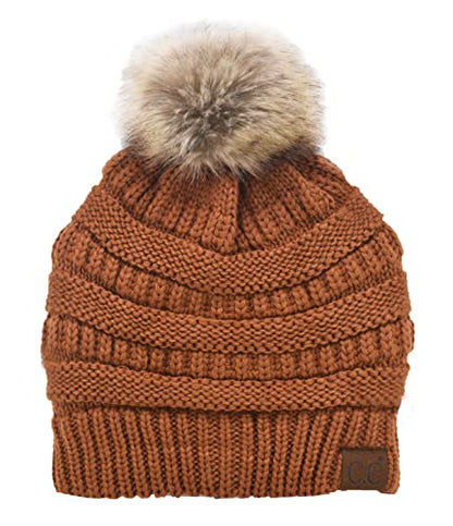 C.C Trendy Fuzzy Fleece Lined Warm Comfortable Soft Stretch Cable Knit Ribbed Faux Fur Pom Pom Beanie Hat - color: Bright Clay