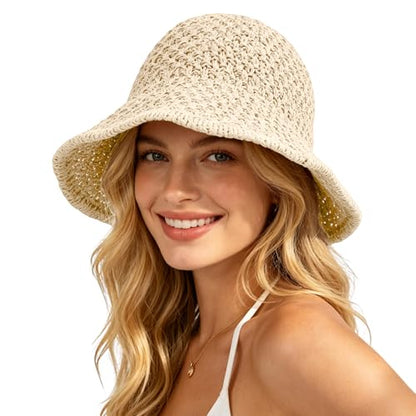 Sun Hat for Women Summer Straw Beach Hats Bucket Hat Floppy Crochet Hat - color: Beige