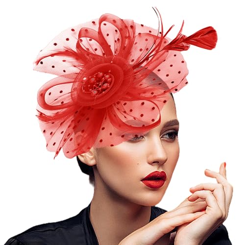JUNBESTN Fascinators Hat Tea Party Headwear for Women Flower Mesh Feathers Headband - color: Red