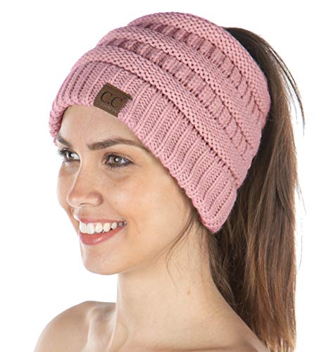 Funky Junque Exclusives Ponytail Beanie for Women – Cable Knit Womens Winter Hat, High Pony Tail Running Beanies - color: Indi Pink